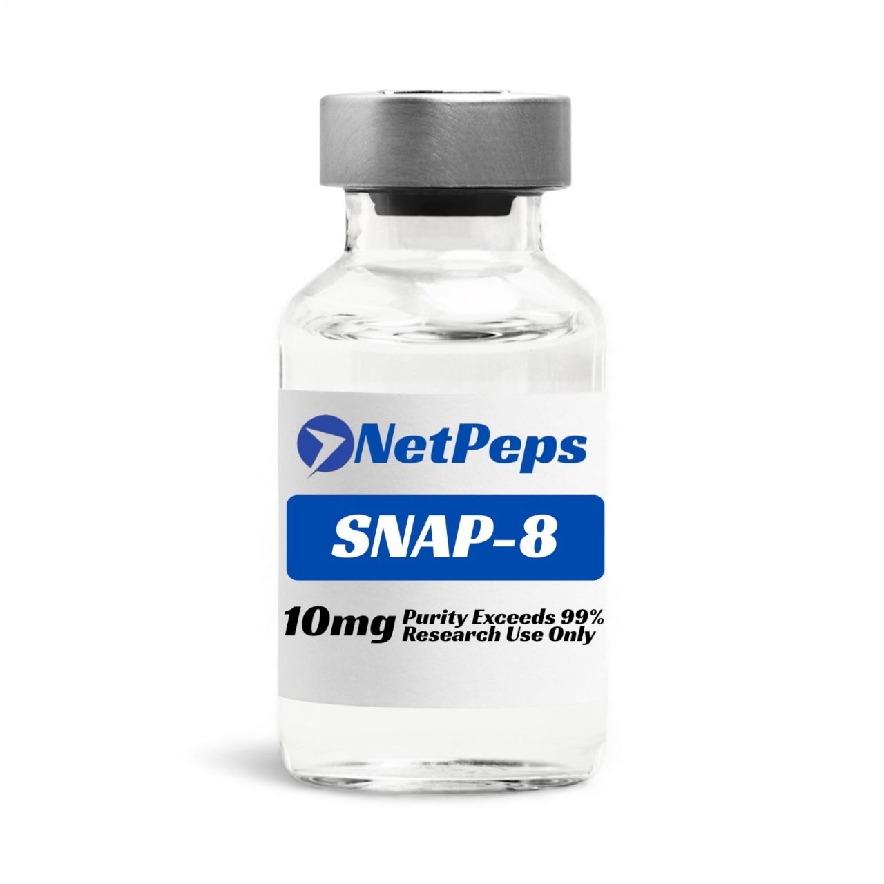 NetPeps SNAP-8 10mg research peptide vial, lyophilized powder, purity exceeds 99%.