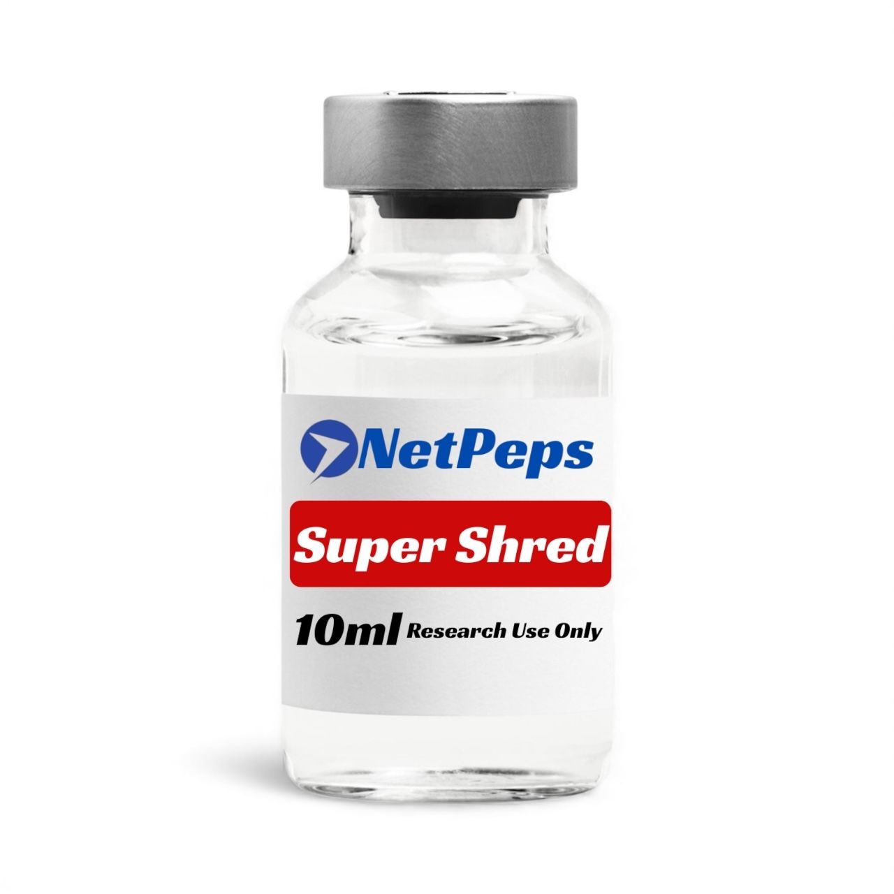 NetPeps Super Shred 10ml research chemical vial with silver cap and white and red label.