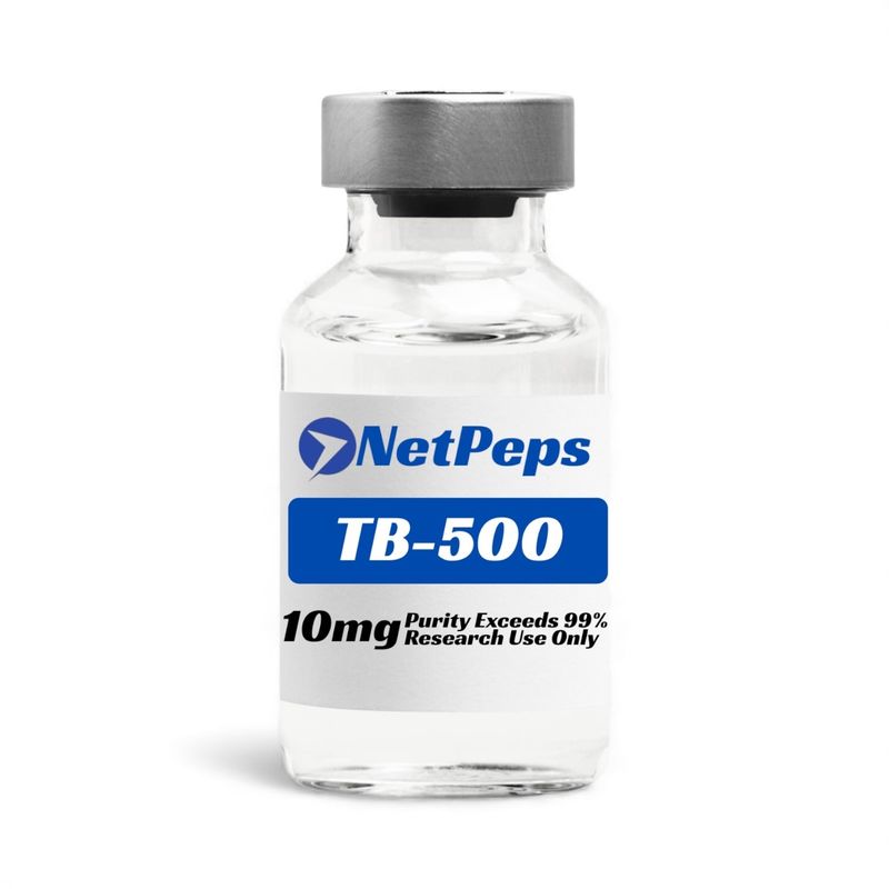NetPeps TB-500 vial, 10mg, clear liquid, silver cap, purity exceeds 99%, research use only.