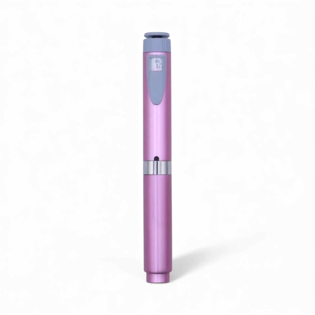 V2 Auto Pen RUO, a pink insulin pen with gray accents and a silver band, with a small screen on the top.