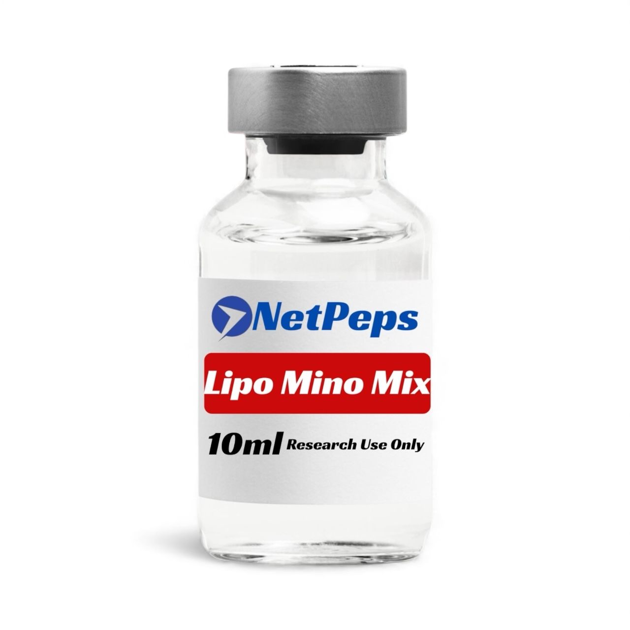 NetPeps Lipo Mino Mix 10ml research chemical vial with silver cap and label, containing B6, Methionine, Inositol, Choline, B1, B2, Carnitine.
