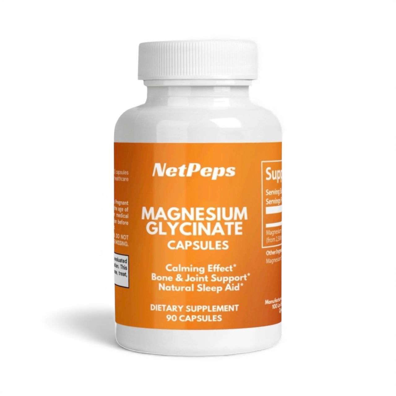 NetPeps Magnesium Glycinate Capsules, orange and white bottle, 90 capsules, dietary supplement for bone, joint, and sleep support.