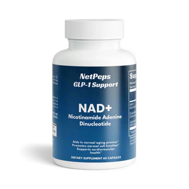 NetPeps NAD+ supplement bottle, blue label, white cap, 60 capsules, Nicotinamide Adenine Dinucleotide, GLP-1 Support.