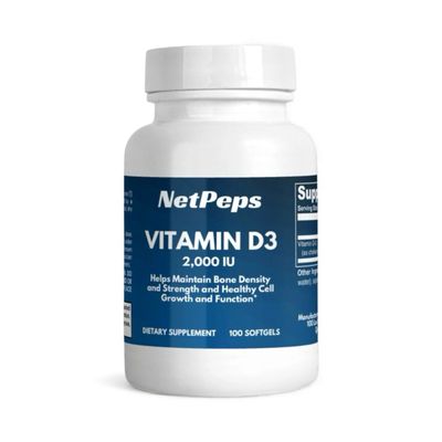 NetPeps Vitamin D3 2000 IU dietary supplement bottle with 100 softgels for bone density, strength, and healthy cell growth.