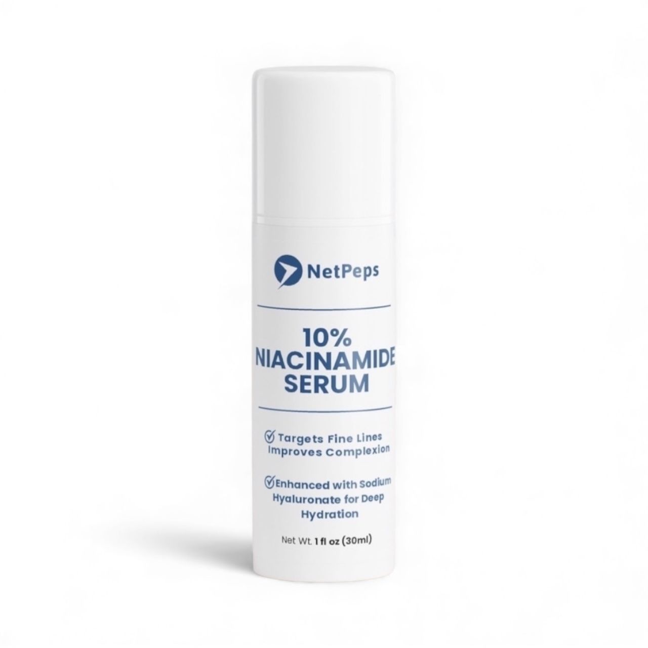 NetPeps 10% Niacinamide Serum, 1 fl oz (30ml), white bottle with blue text, targets fine lines and improves complexion with sodium hyaluronate.