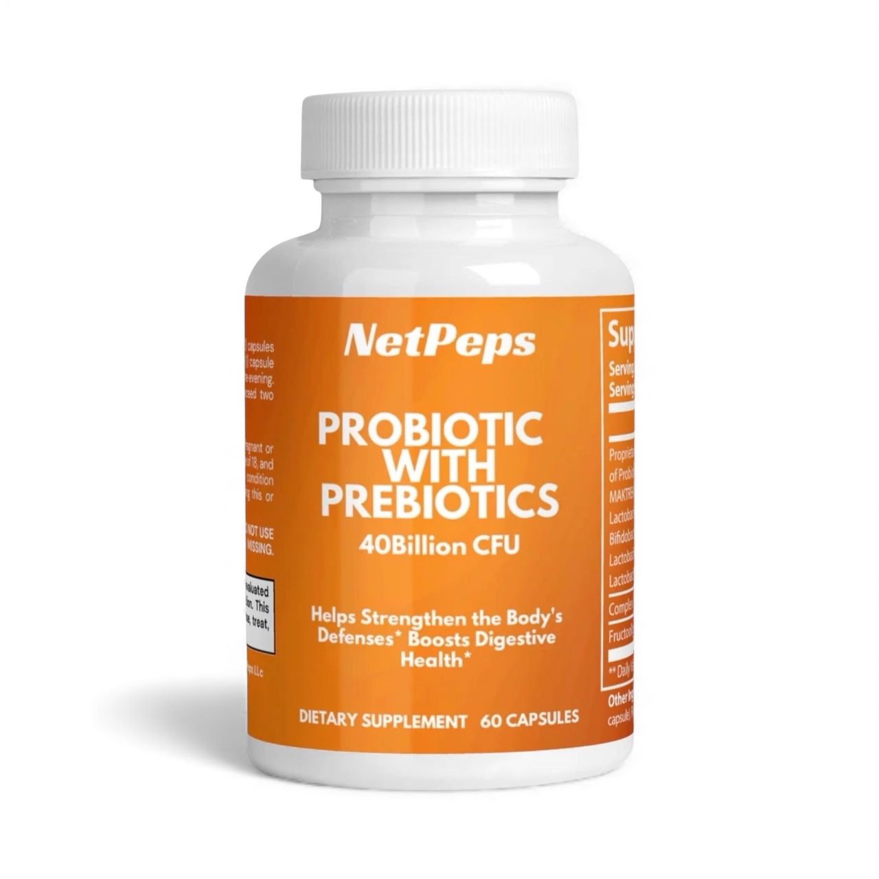 NetPeps Probiotic with Prebiotics supplement bottle, 60 capsules, 40 Billion CFU, orange label, white cap.