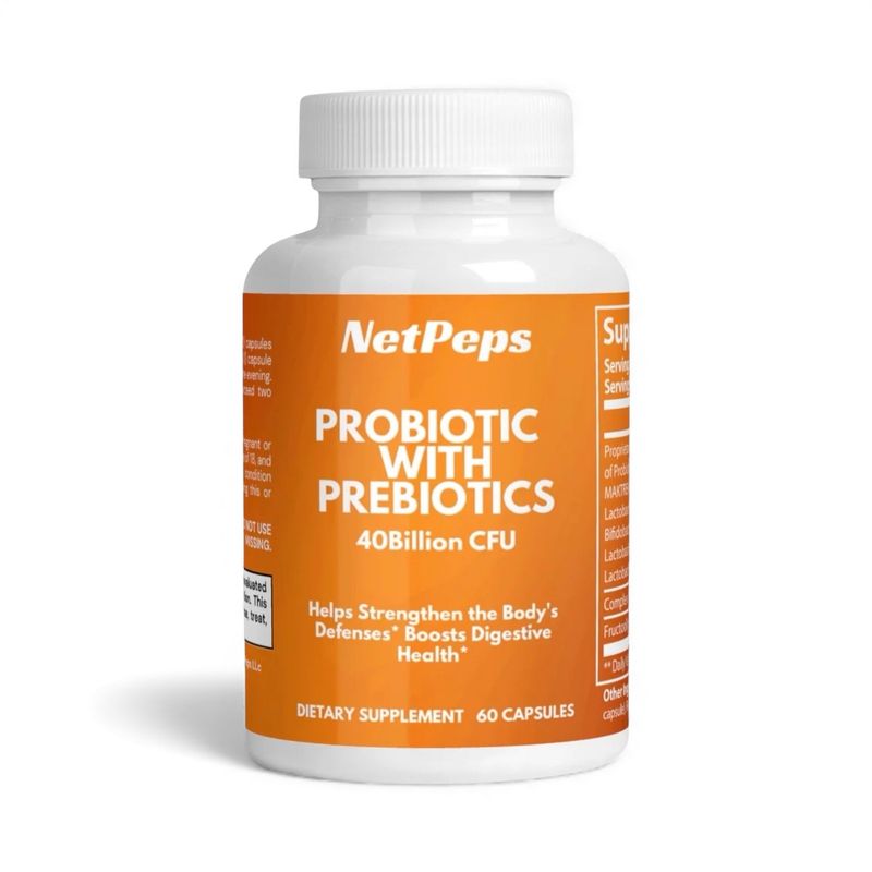 NetPeps Probiotic with Prebiotics 40 Billion CFU dietary supplement bottle, orange label, white cap, 60 capsules.
