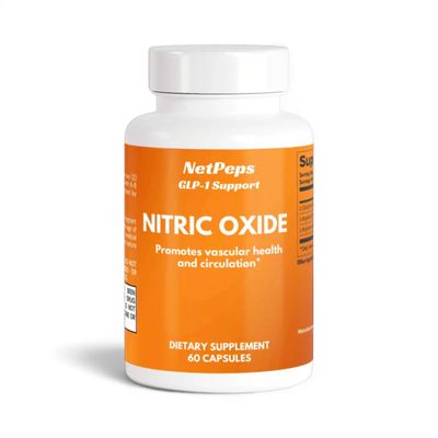NetPeps Nitric Oxide dietary supplement, 60 capsules, orange label, white bottle, promotes vascular health and circulation, GLP-1 support.