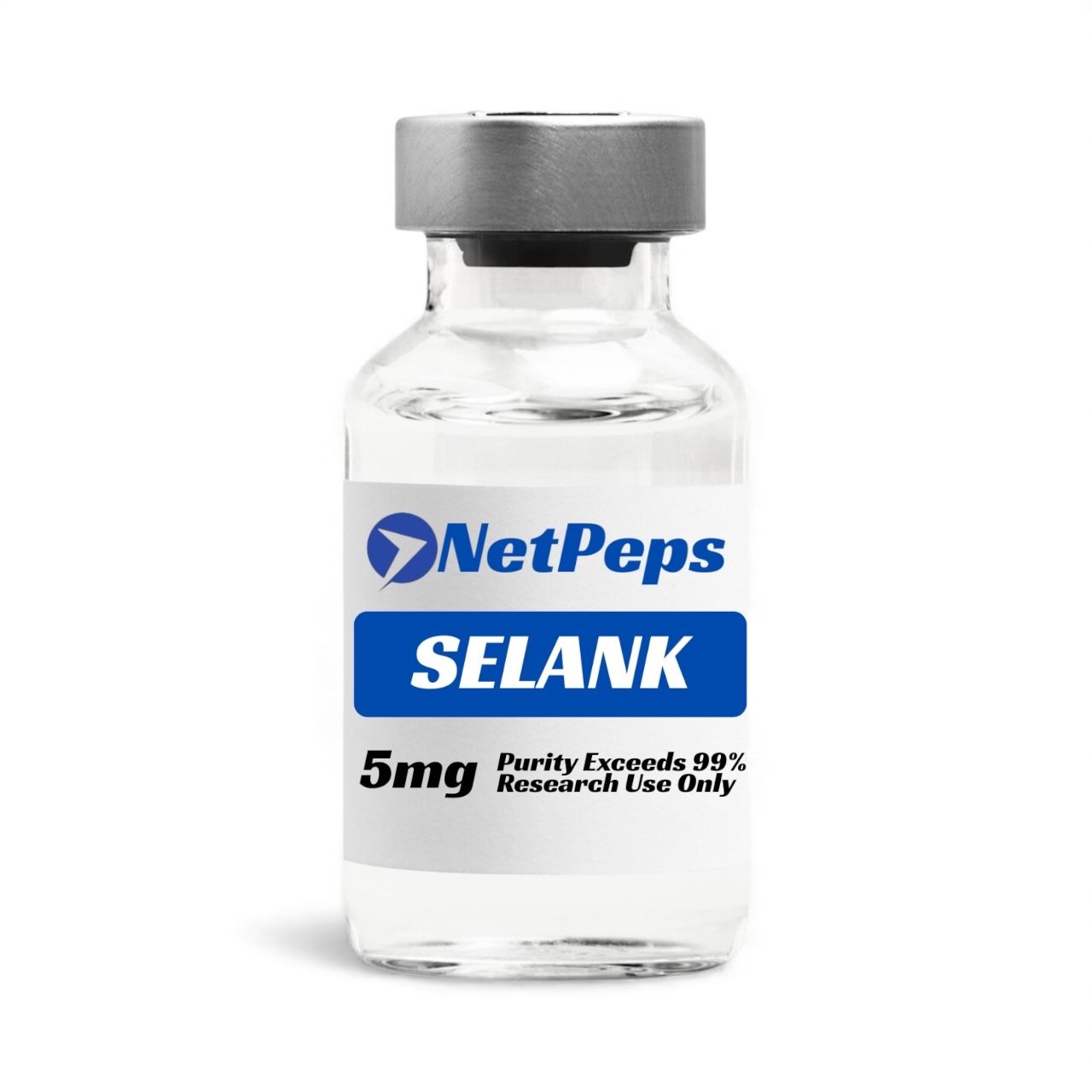 NetPeps Selank 5mg lyophilized peptide vial, purity exceeds 99%, research use only.
