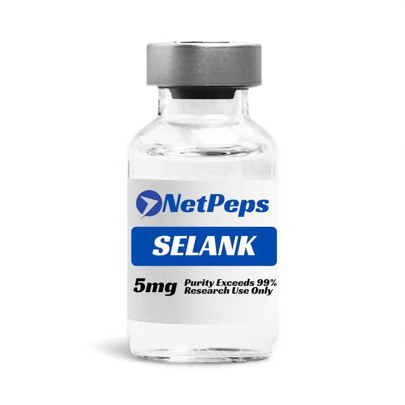 NetPeps Selank 5mg, purity exceeds 99%, research use only, clear vial with silver cap and white and blue label.