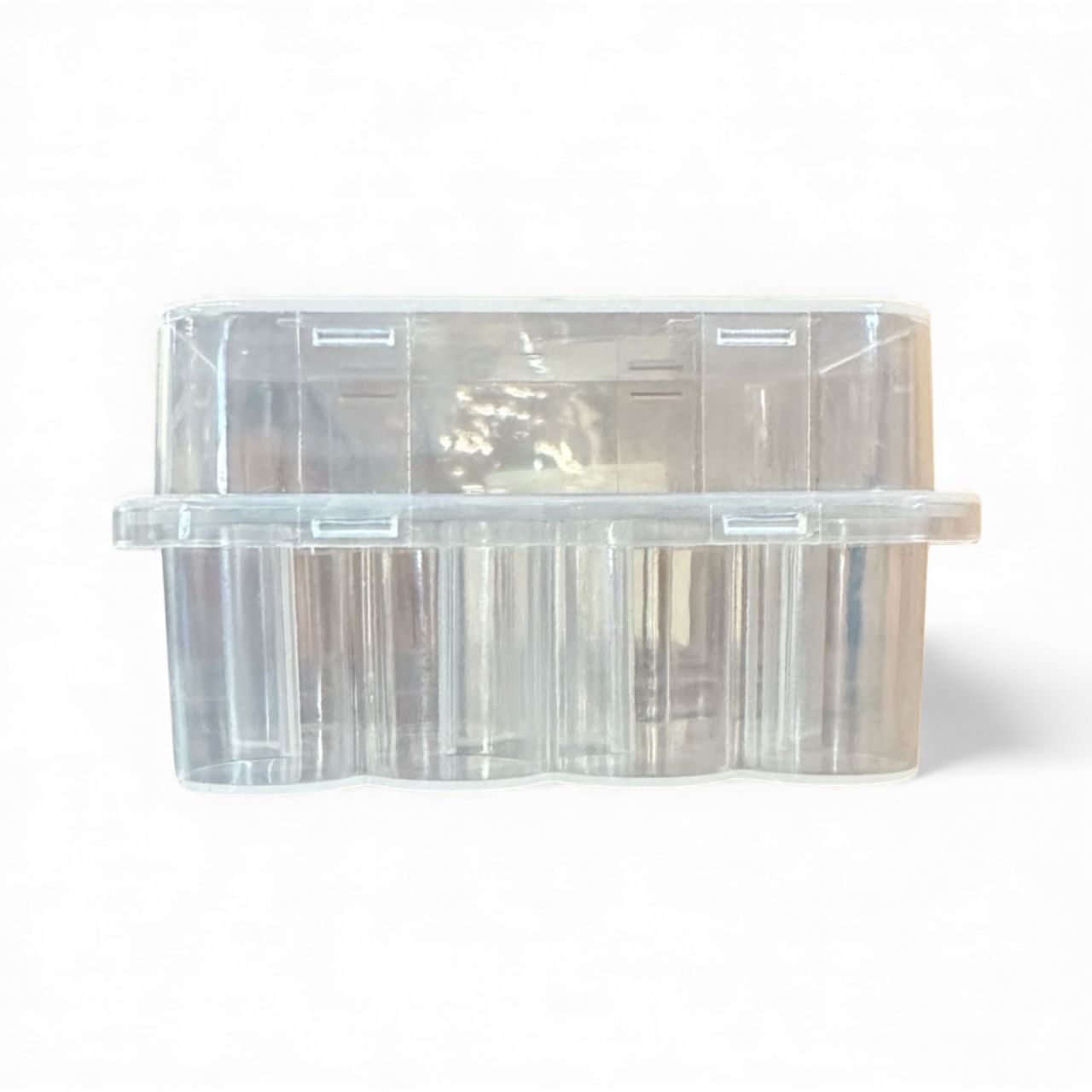 Clear plastic Vial Storage container, holding 10 3ml peptide vials, with a compact rectangular design and snap-on lid for secure storage.