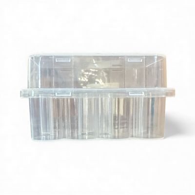 Clear plastic Vial Storage container, holding 10 3ml peptide vials, with a compact rectangular design and snap-on lid for secure storage.