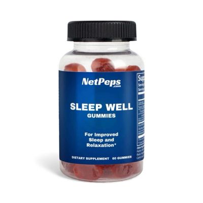 Sleep Well Gummies by NetPeps, a clear bottle with 60 red gummies and blue label, for improved sleep and relaxation.