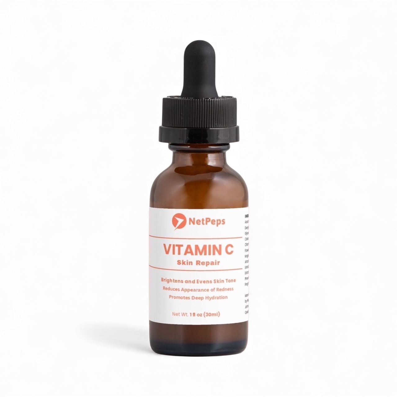 NetPeps Vitamin C Serum, 1 fl oz (30ml), brown glass bottle with white label and black dropper cap, for skin repair and hydration.