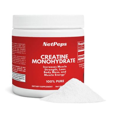 NetPeps Creatine Monohydrate white powder supplement in a red and white container on a plain background.