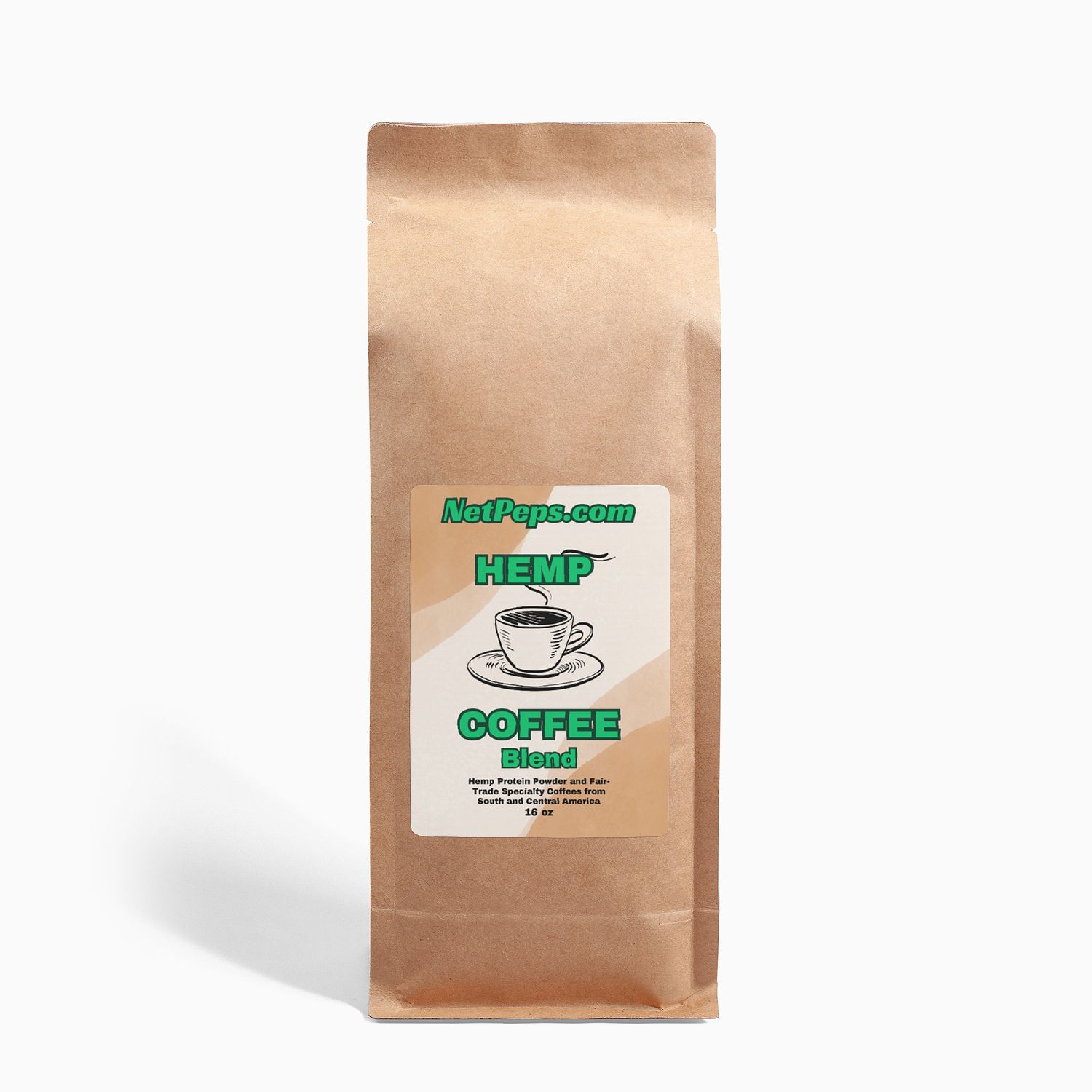 NetPeps Premium Quality Supplements Brown bag of Hemp Coffee Blend, 16 oz, with green label and illustration of a cup of coffee on a saucer.