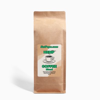 NetPeps Premium Quality Supplements Brown bag of Hemp Coffee Blend, 16 oz, with green label and illustration of a cup of coffee on a saucer.