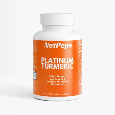 NetPeps Premium Quality Supplements NetPeps Platinum Turmeric dietary supplement bottle, orange label, white cap, 60 capsules, supports joints and healthy metabolic response.