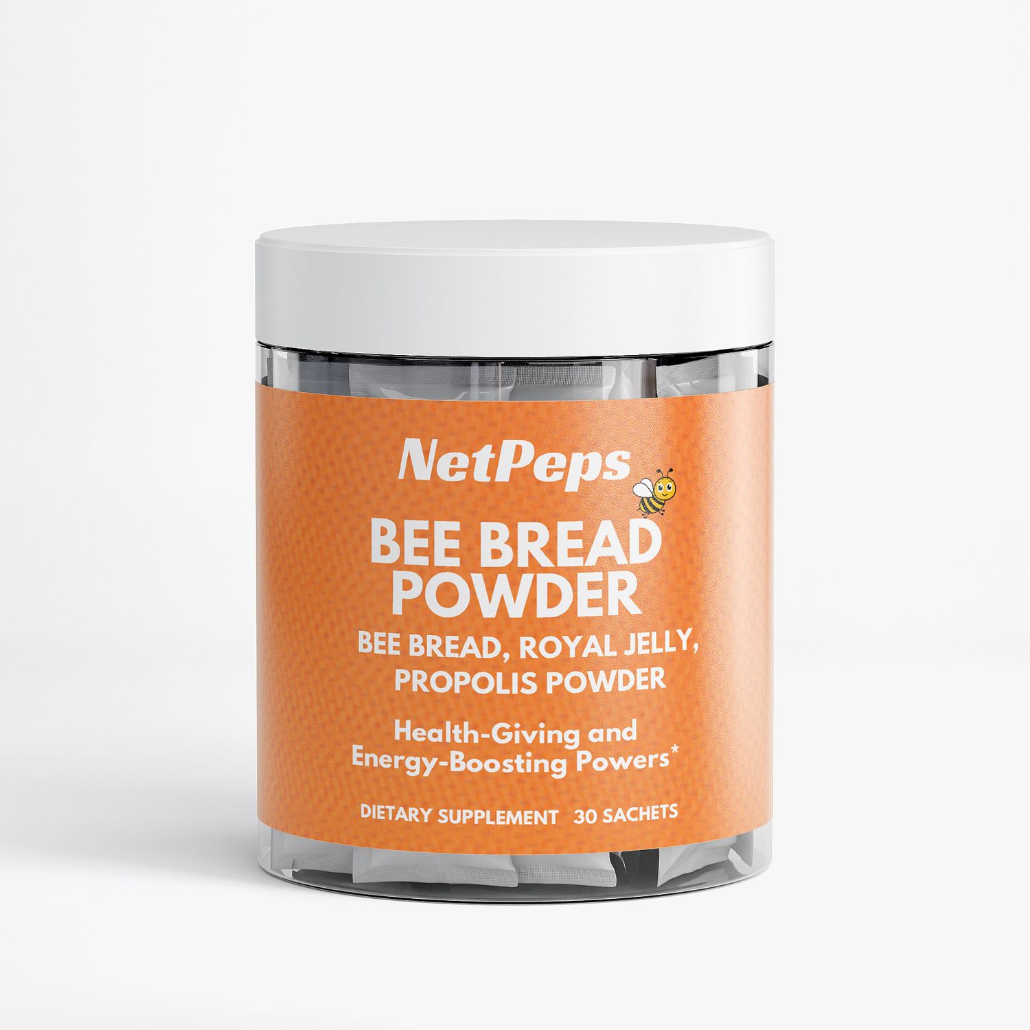 NetPeps Premium Quality Supplements NetPeps Bee Bread Powder, orange label, white cap, dietary supplement, 30 sachets, bee bread, royal jelly, propolis powder.