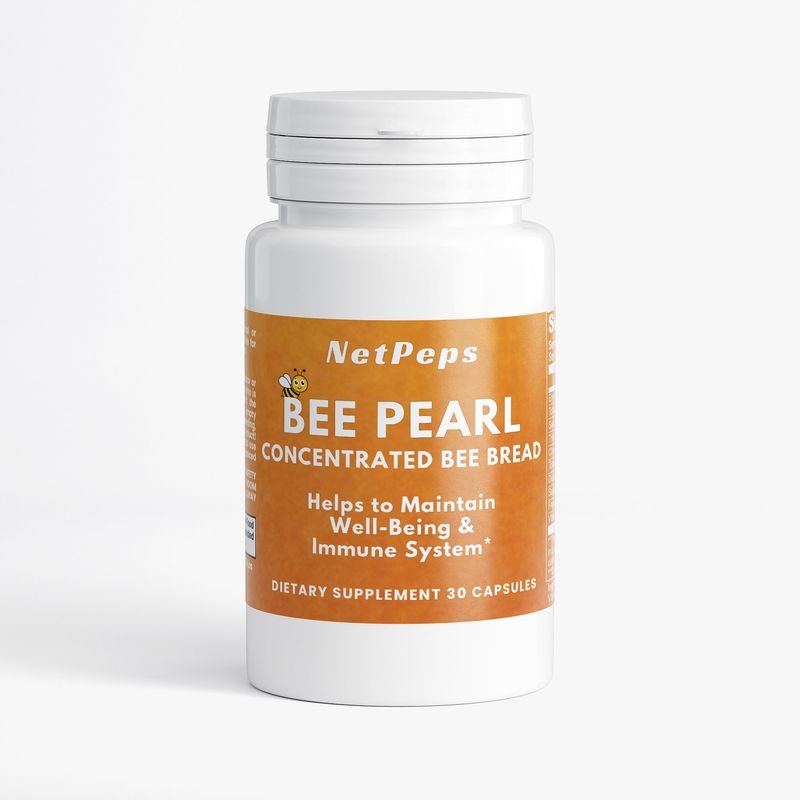 NetPeps Premium Quality Supplements Bee Pearl concentrated bee bread dietary supplement by NetPeps, 30 capsules, white bottle with orange label.