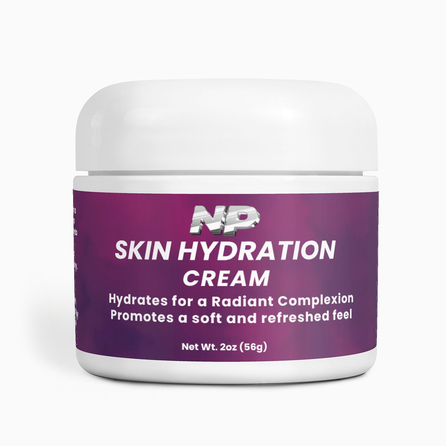 NetPeps Premium Quality Supplements NP Skin Hydration Cream, 2oz purple container with white lid and label, for radiant complexion and soft skin hydration.