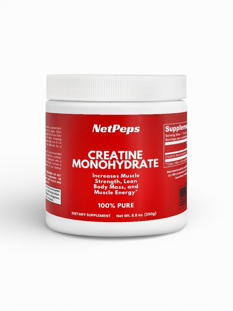 NetPeps Premium Quality Supplements NetPeps Creatine Monohydrate 100% Pure, 8.8oz (250g) white container with red label.