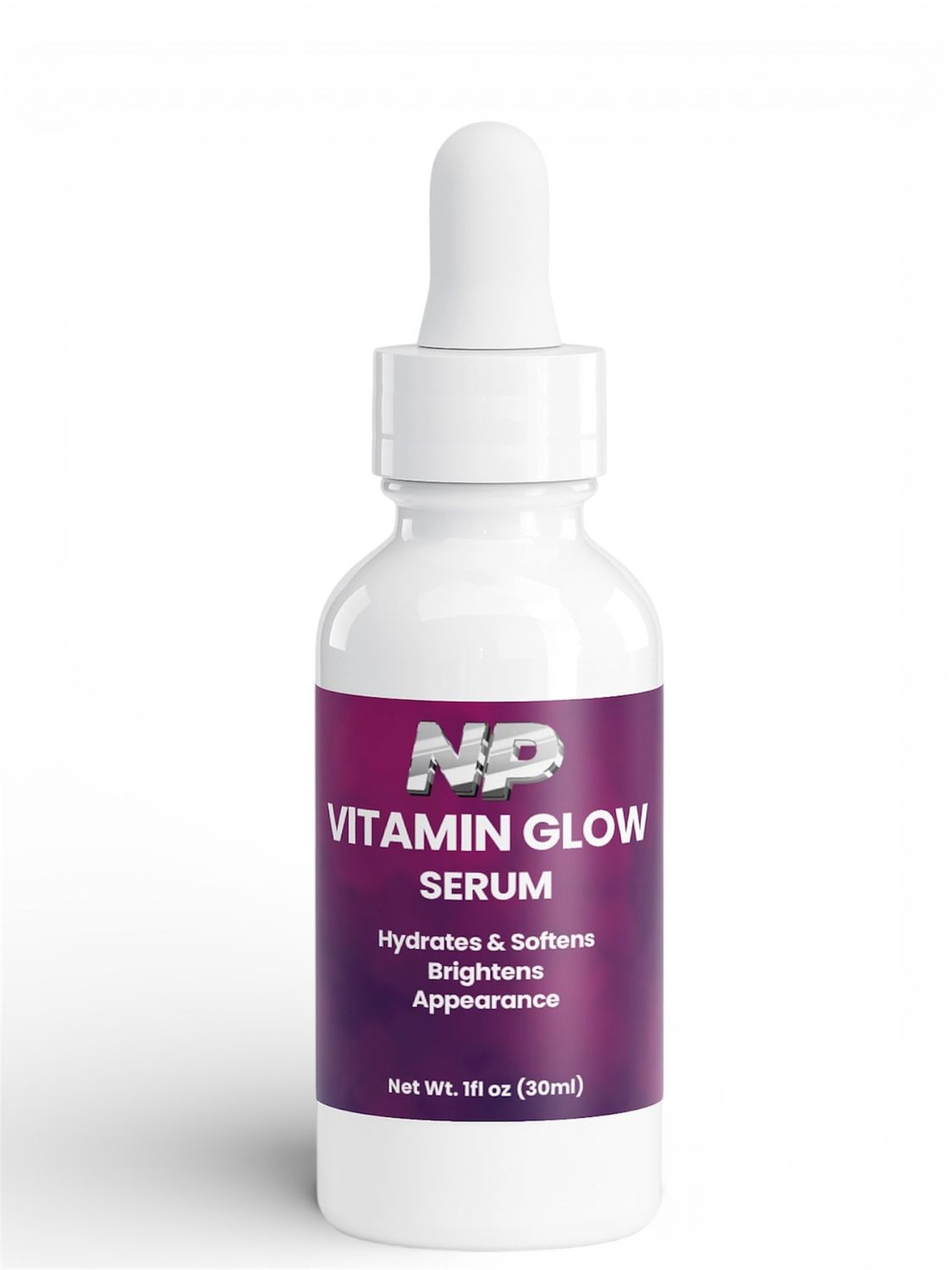 NetPeps Premium Quality Supplements Vitamin Glow Serum bottle, 1fl oz 30ml, white glass with purple label and dropper lid, NP branding, skincare product for hydration and brightening.