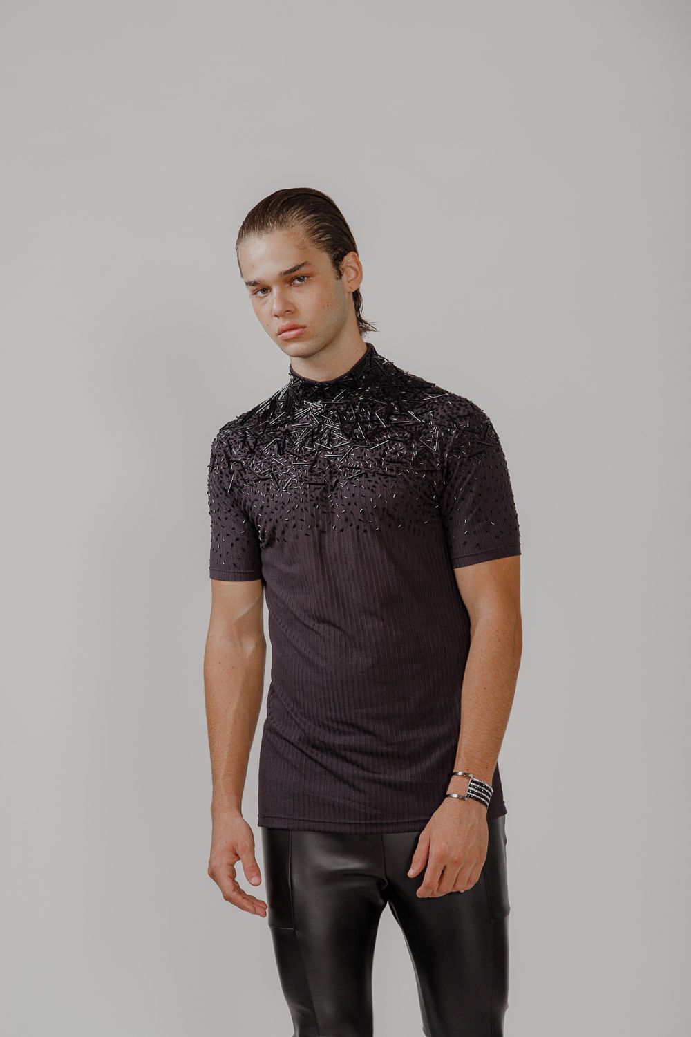 Ribbed T-Shirt Embroidered with Glass Beads
