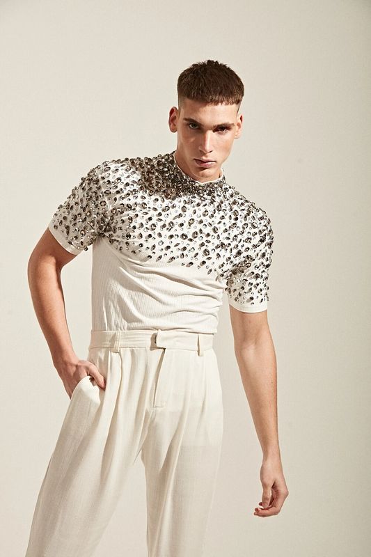 Ribbed T-shirt with Crystal Embroidering