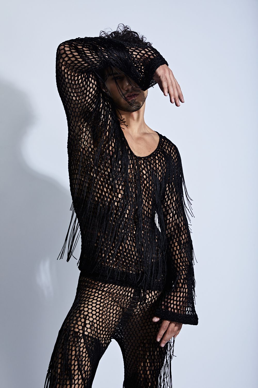 Long Sleeve Crochet T-Shirt with Fringes