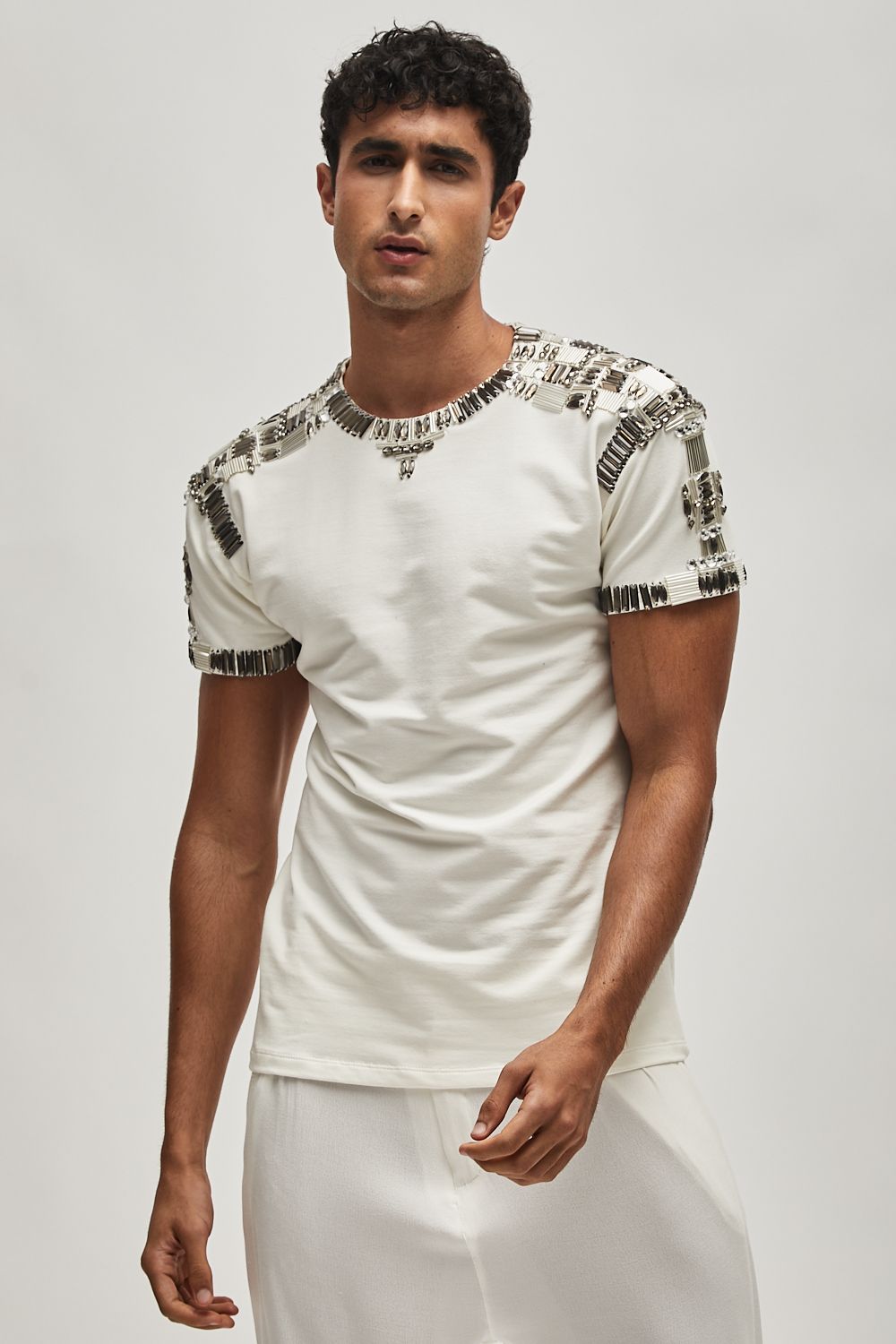 T-shirt with abstract embroidery in beads and crystals
