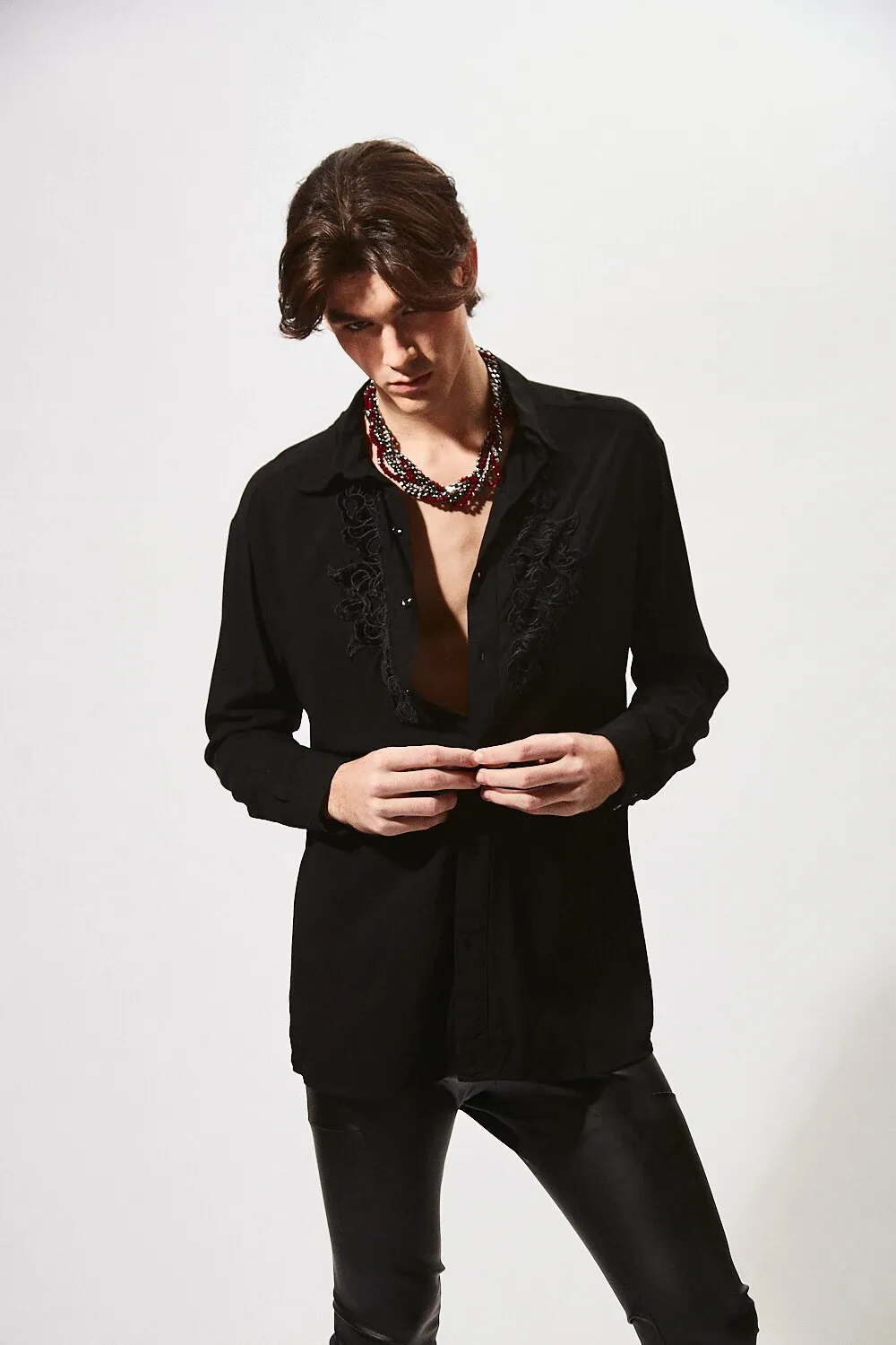 Viscose Shirt with Velvet Richelieu Appliqué