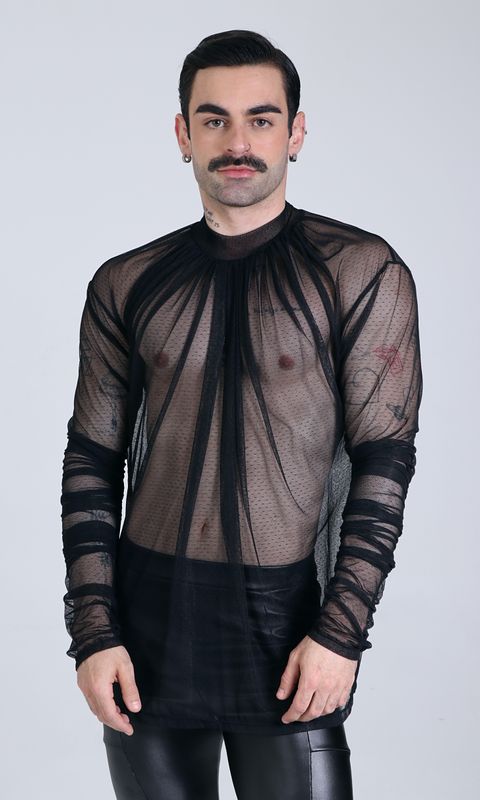 Synchron Sheer Polka Dot Mesh Shirt