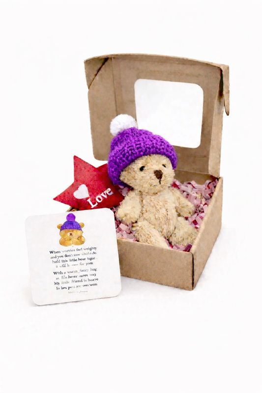 Mini Worry Bear (Purple Hat)