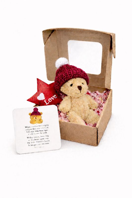 Mini Worry Bear  Burgandy hat