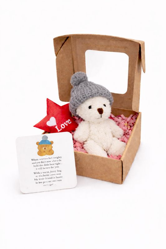 White Worry Bear Hand Crafted  Pocket Bear  Mini in a box