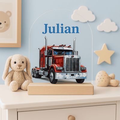 Nachtlampje in vorm van Amerikaanse truck, rood-blauw, met persoonlijke naam, geschikt als geboortecadeau.
