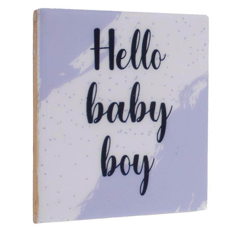 Tegeltje met tekst Hello Baby Boy, wit met blauwe letters, formaat 10x10 cm, lief kraamcadeau.
