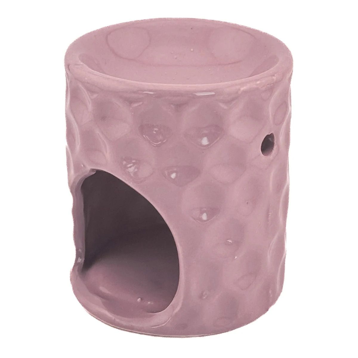 Roze keramieken geurbrander met reliëfpatroon, open ruimte voor waxinelichtje, stijlvol woonaccessoire.