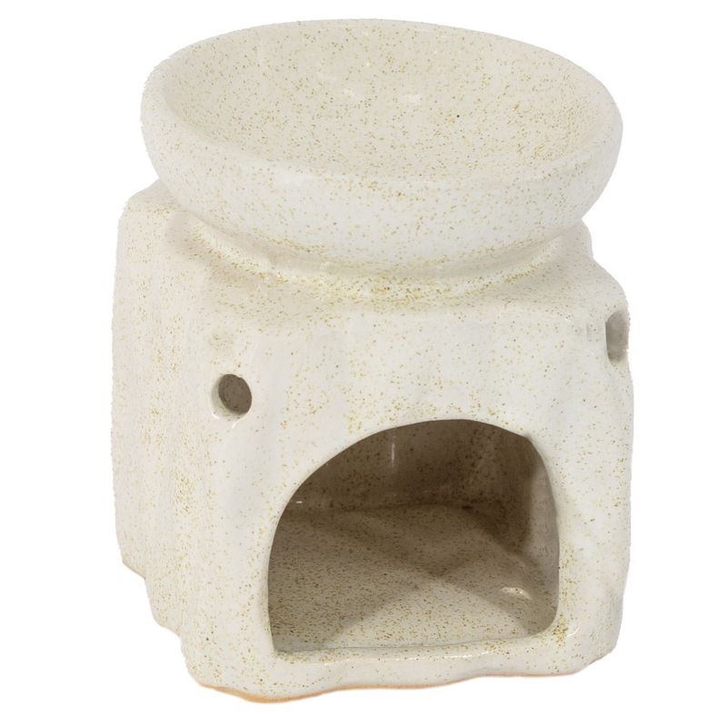 Geurbrander Rubble Beige van keramiek met speckle-effect, modern design, opening voor waxinelichtje.