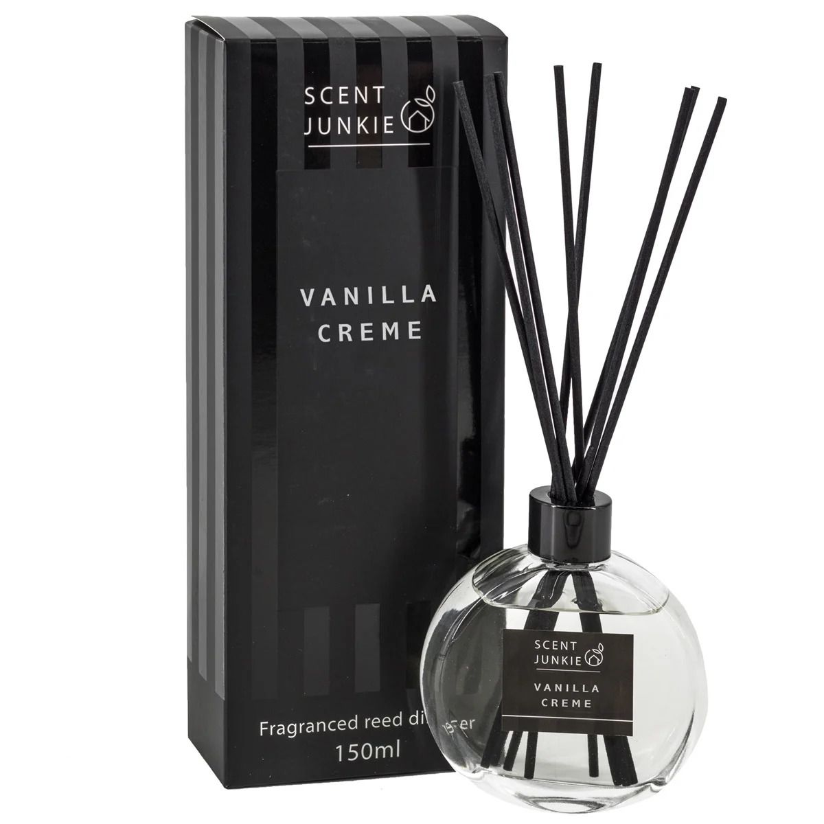 Geurdiffuser Vanilla Creme 150ml van Scent Junkie met zwarte stokjes en luxe verpakking.