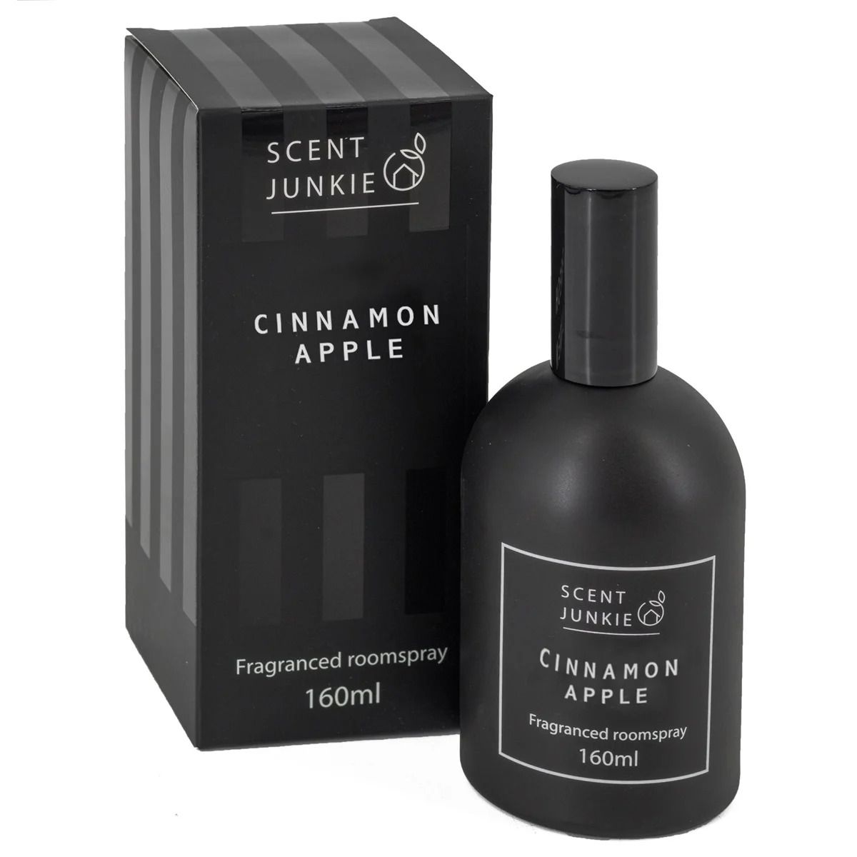 Roomspray Apple Cinnamon 160ml van Scent Junkie, luxe matzwarte fles en verpakking.