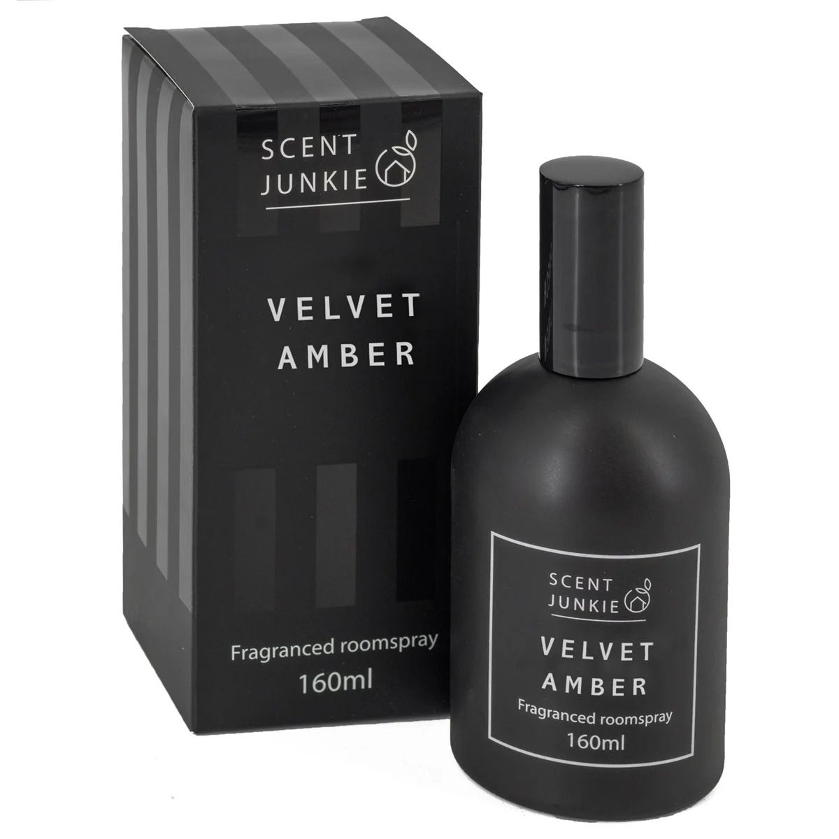 Roomspray Velvet Amber 160ml van Scent Junkie, luxe matzwarte fles en elegante verpakking.