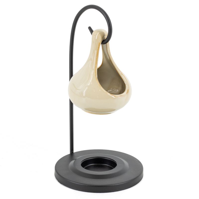 Geurbrander hangende druppel cream, keramiek in metalen houder, modern design, luxe woonaccessoire.