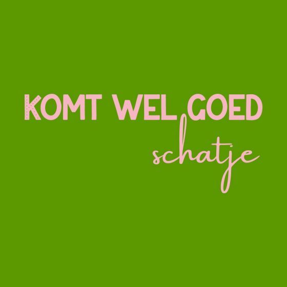 Tegeltje Komt wel goed schatje, groene achtergrond met roze tekst, grappig en positief cadeau.