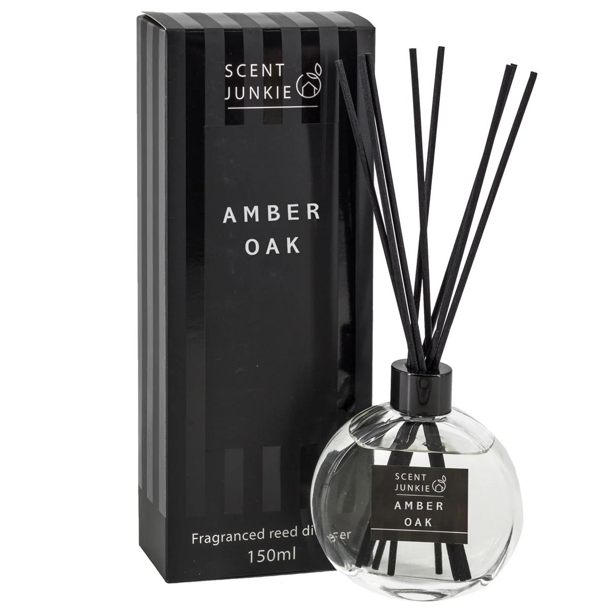 Geurdiffuser Amber Oak 150ml van Scent Junkie met zwarte stokjes en luxe zwarte verpakking.