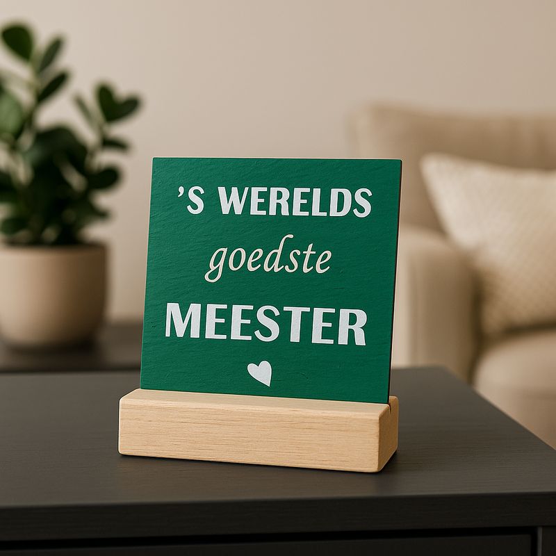 Leisteen tegeltje met tekst ’s Werelds goedste Meester, stoer cadeau, zonder houten standaard.