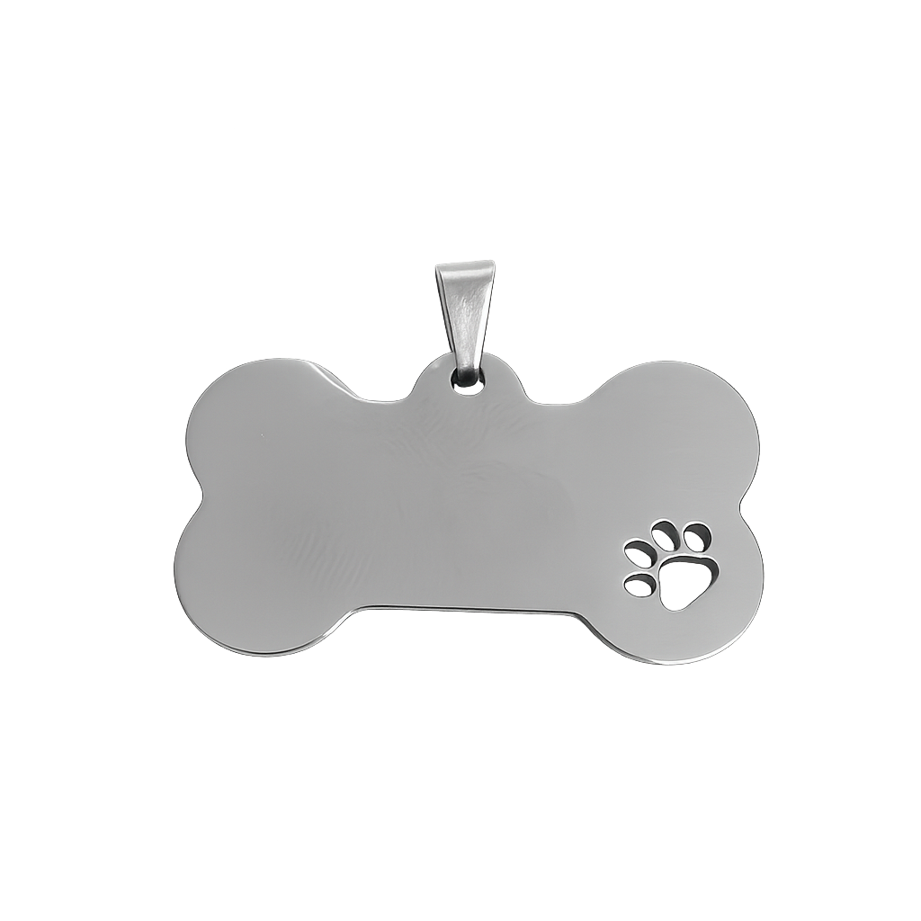 Hondenpenning 50x30 mm, zilverkleurig met pootafdruk, zelf te ontwerpen met naam of tekst.