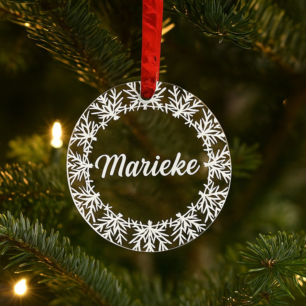 Plexiglas kerstbal met naam Marieke, gegraveerde sneeuwvlokkenrand, hangt in groene kerstboom.