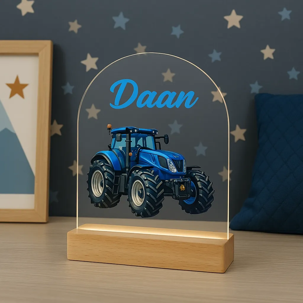 Nachtlampje Tractor Blauw met Naam | Stoer Cadeau voor Kinderen